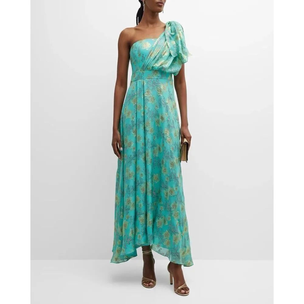 Shoshanna Midnight Women’s Teal Blue Metallic Floral One Shoulder Gown